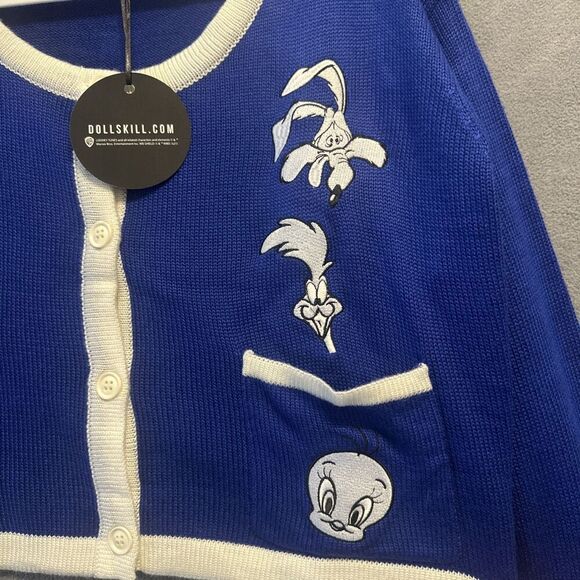 NWT Dolls Kill X Looney Tunes Cropped Cardigan Sweater Womens Plus Size 1X Blue - Picture 5 of 7